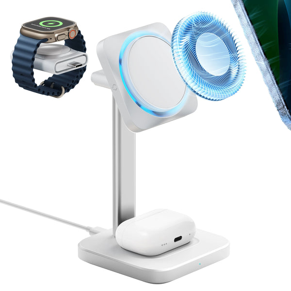 15W 3-in-1 Wireless Charging Station with CryoBoost (HaloLock) - White - US Plug