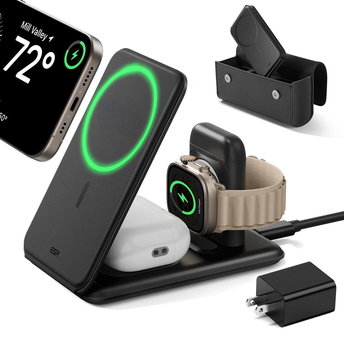15W 3-in-1 Travel Wireless Charging Set (Bag Included) - Black - US Plug ESR ESR