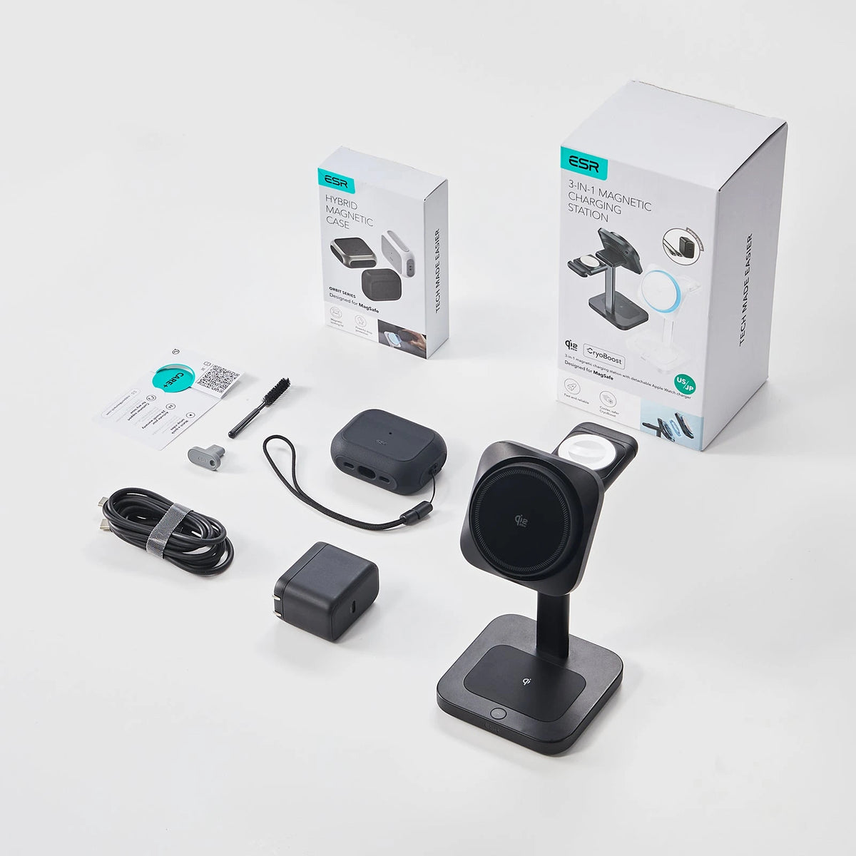 25W CryoBoost 3-in-1 Magnetic Charger (Qi2) and AirPods Pro 3 Orbit Hybrid Case Bundle - US Plug–White