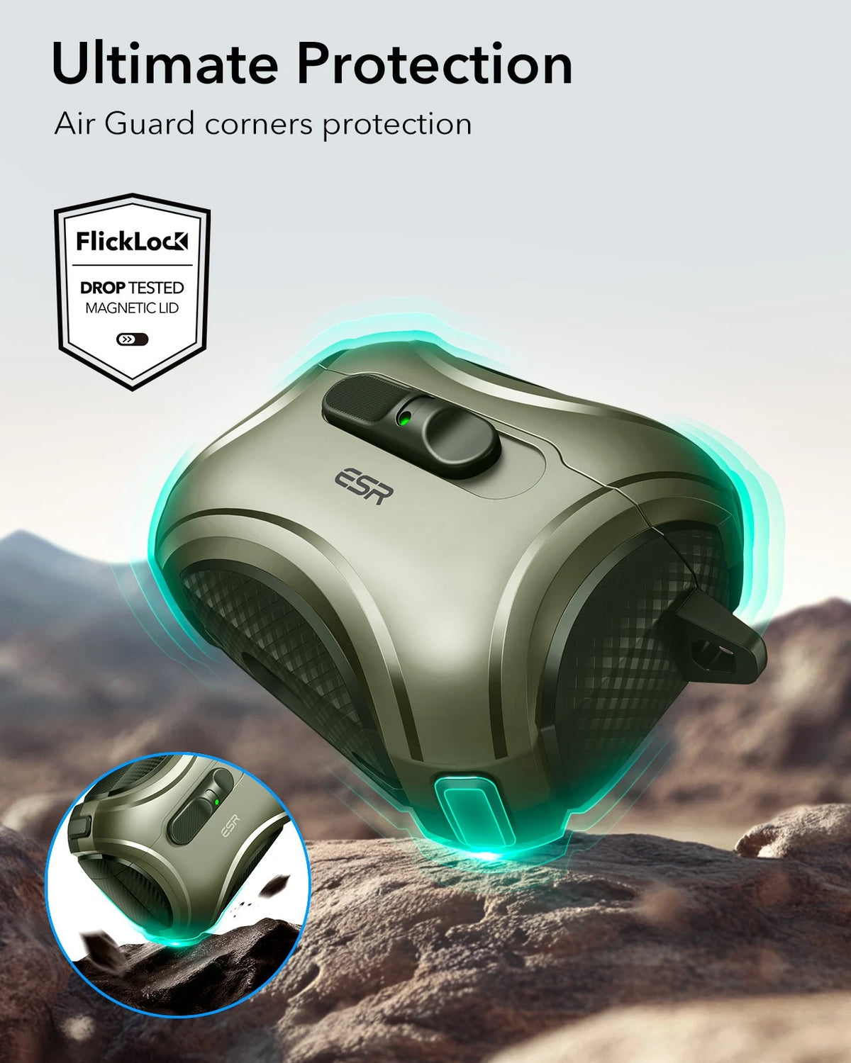 ESR AirPods Pro 3 Cyber FlickLock Charging Case Green drop protection