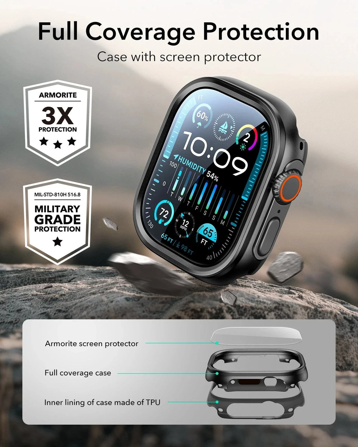ESR Apple Watch Ultra 3 Case with Screen Protector Black military grade protection