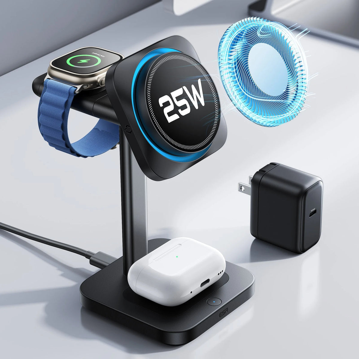 CryoBoost 3-in-1 Magnetic Charging Station (25W, Qi2.2)  - JP Plug–Black ESR ESR
