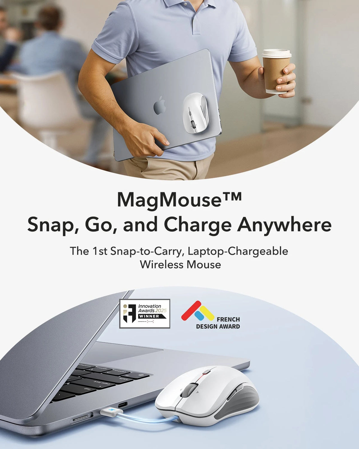 Magmouse-snap，go，and charge Anywhere-the 1st snap-tp-carry，laptop-chargeable wireless mouse