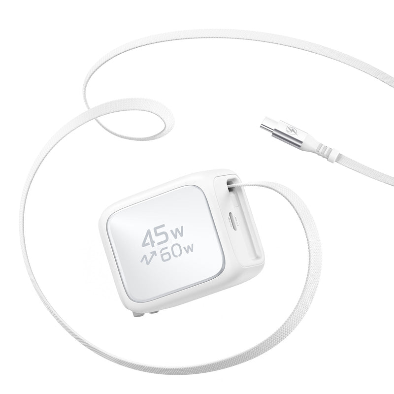 Chargeur secteur GaN ESR Xtend 45 W blanc avec câble USB-C rétractable intégré et prise US