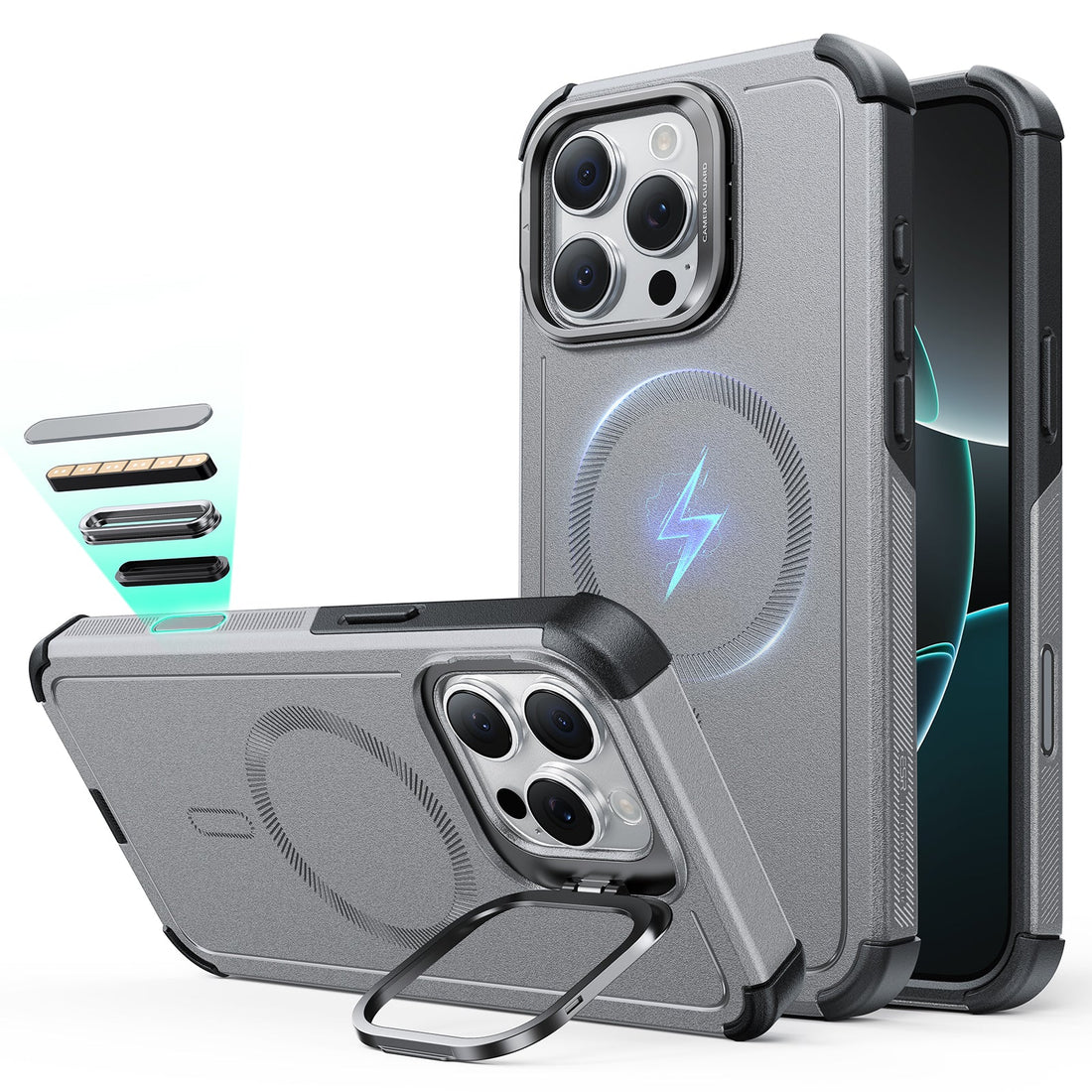 iPhone 16 Pro Max Cyber Tough Magsafe Case with Stand Titanium 