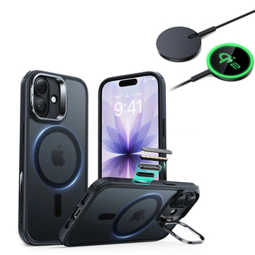 iPhone 17 Classic Hybrid Magsafe Case With Stand  and Qi2 Wireless Charger Frosted Black