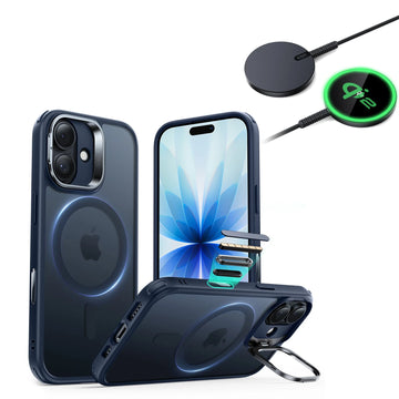 iPhone 17 Classic Hybrid Magsafe Case With Stand  and Qi2 Wireless Charger Frosted Blue