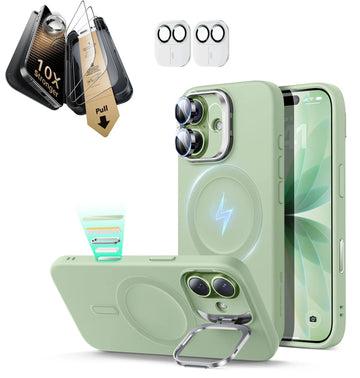 iPhone 17 Silicone Magsafe Case with Stand & Corning Glass Screen Protector Bundle Green