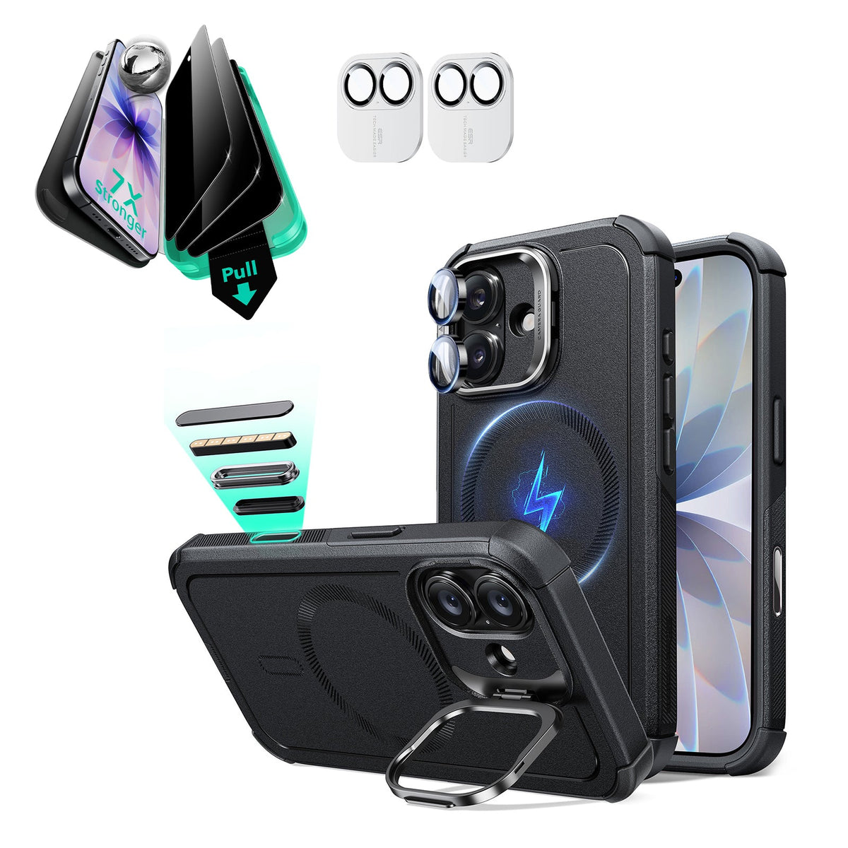 iPhone 17 Cyber Tough Magsafe Case with Stand and Armorite Privacy Screen Protector Black