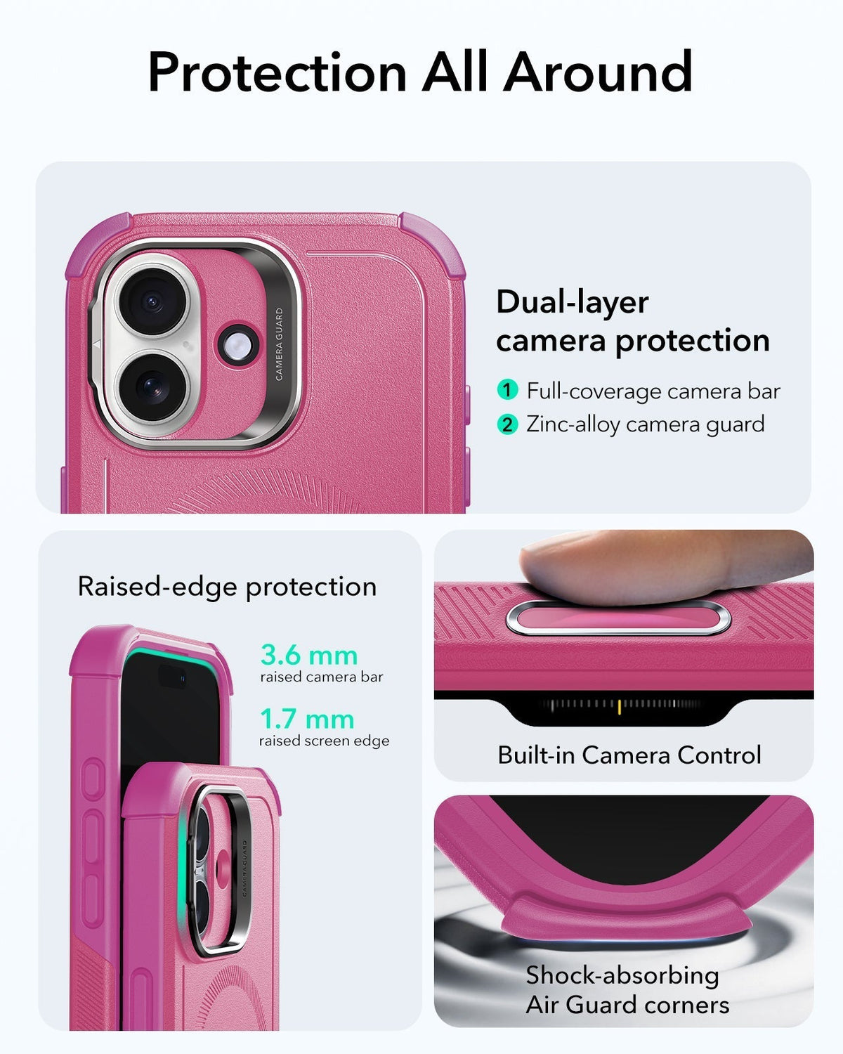 ESR iPhone 17 Cyber Tough Magsafe Case with Stand and Camera Control Pink Raised Edge Protection