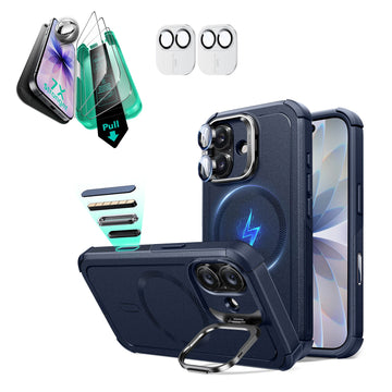 iPhone 17 Cyber Tough Magsafe Case with Stand and Armorite Screen Protector Blue