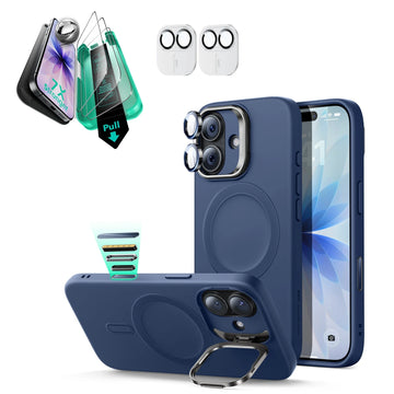 blue esr best alternative apple silicone iPhone 17 Cloud Soft Magnetic Case with stash stand and tempered glass screen protectors bundle