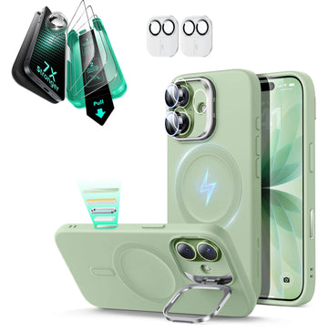 iPhone 17 Silicone Magsafe Case with Stand & Armorite Screen Protector Bundle Green