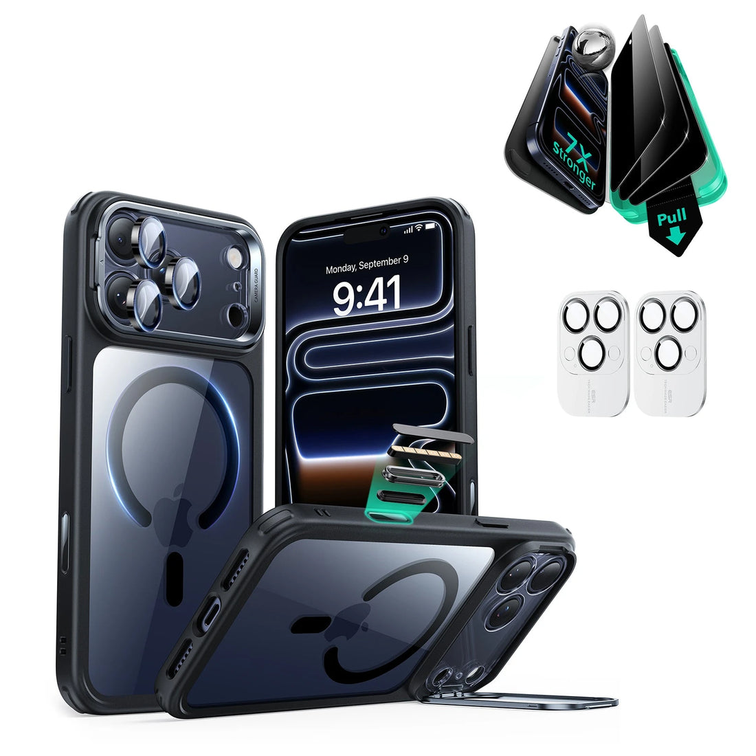 iPhone 17 Pro Classic Hybrid Magsafe Case with Stand and Privacy Screen Protector Bundle Clear Black