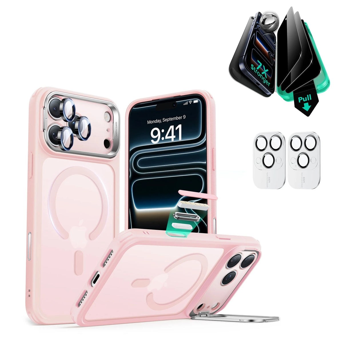 iPhone 17 Pro Classic Hybrid Magsafe Case with Stand and Privacy Screen Protector Bundle Frosted  Bubblegum Pink