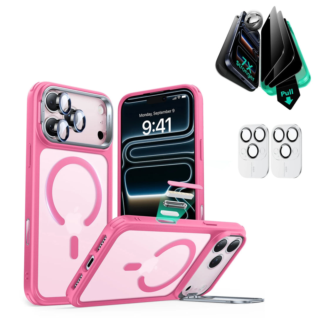 iPhone 17 Pro Classic Hybrid Magsafe Case with Stand and Privacy Screen Protector Bundle Frosted Pink