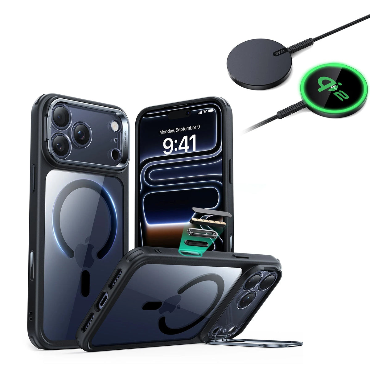 iPhone 17 Pro Classic Hybrid Magsafe Case With Stand  and Qi2 Wireless Charger Clear Black