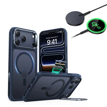 iPhone 17 Pro Classic Hybrid Magsafe Case With Stand  and Qi2 Wireless Charger Forsted Blue