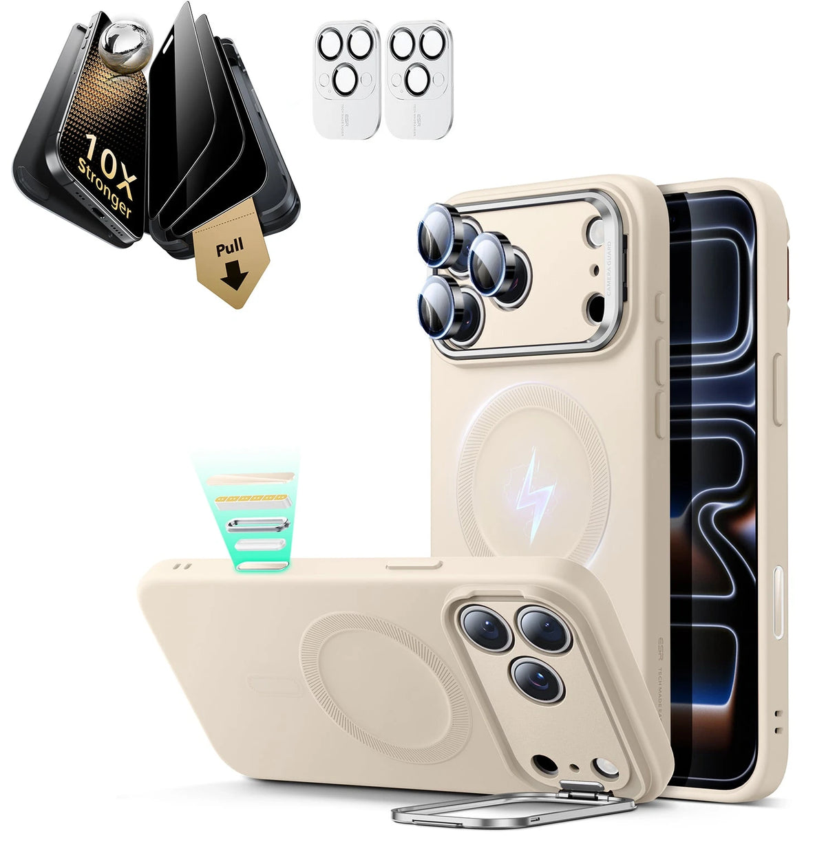 iPhone 17 Pro Silicone Magsafe Case with Stand & Corning Glass Privacy Screen Protector Bundle Light Tan