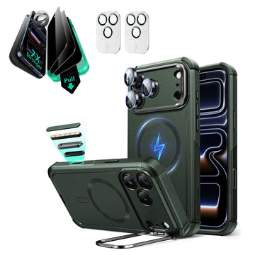 iPhone 17 Pro Cyber Tough Magsafe Case with Stand and Armorite Privacy Screen Protector Green