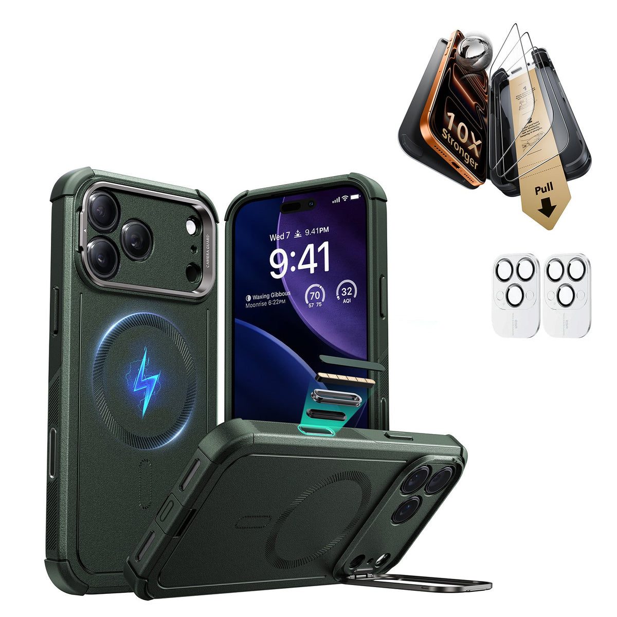 iPhone 17 Pro Cyber Tough Magsafe Case with Corning Glass Screen Ptorctor Green