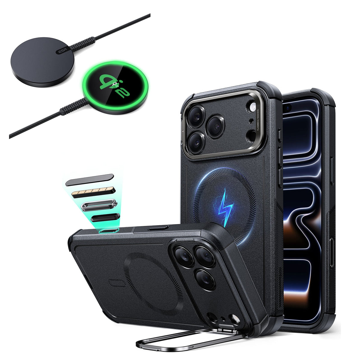 iPhone 17 Pro Cyber Tough Magsfae Case with Stand and Qi2 wireless Charger Black