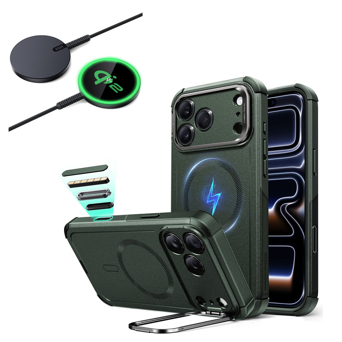 iPhone 17 Pro Cyber Tough Magsfae Case with Stand and Qi2 wireless Charger  Green