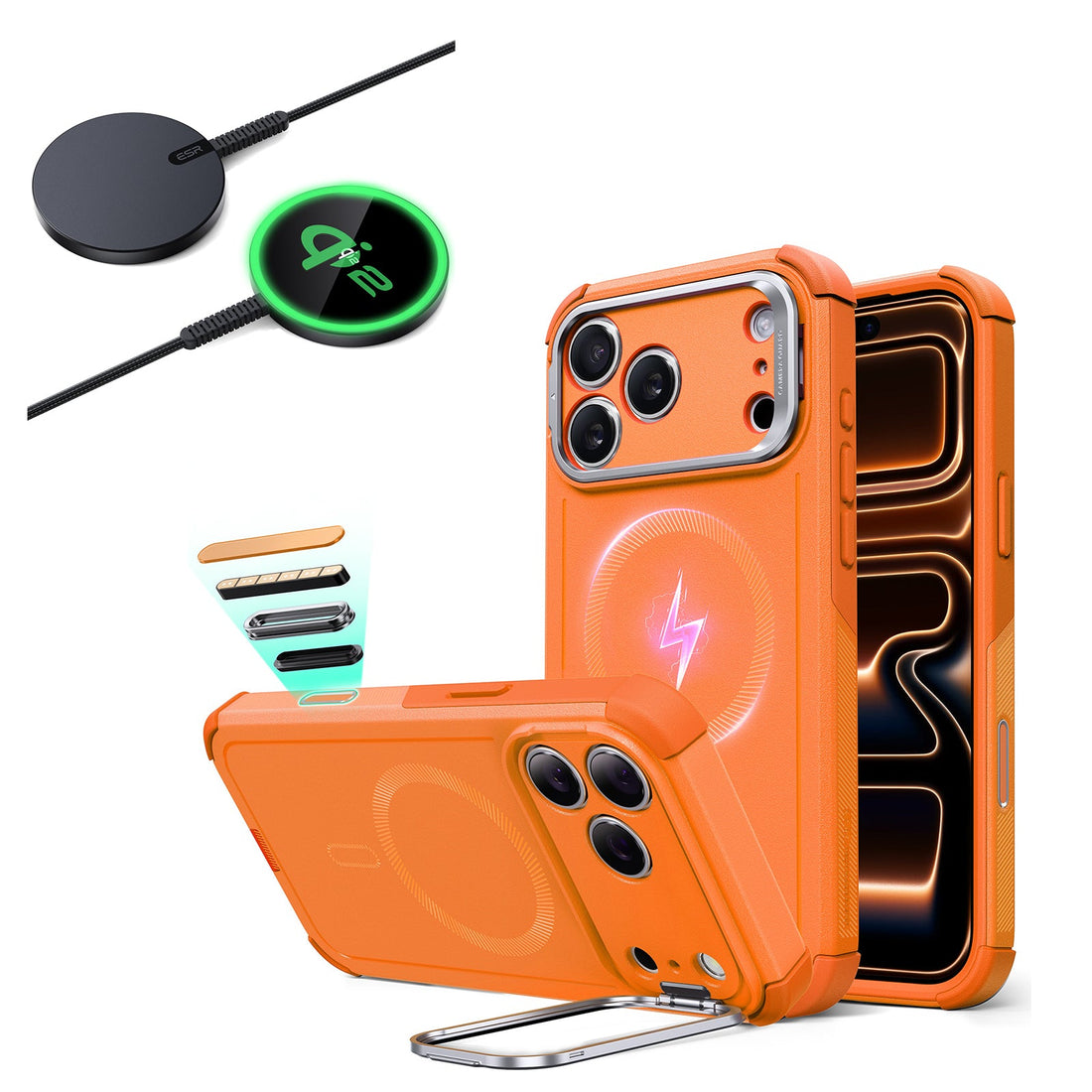iPhone 17 Pro Cyber Tough Magsfae Case with Stand and Qi2 wireless Charger Orange