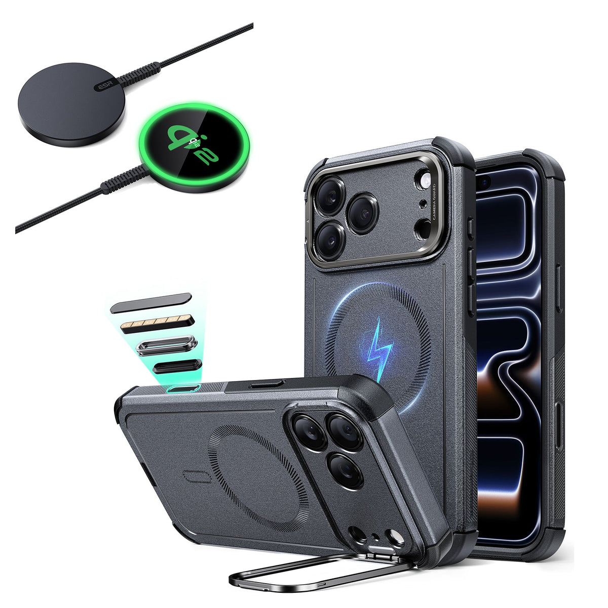 iPhone 17 Pro Cyber Tough Magsfae Case with Stand and Qi2 wireless Charger Gray