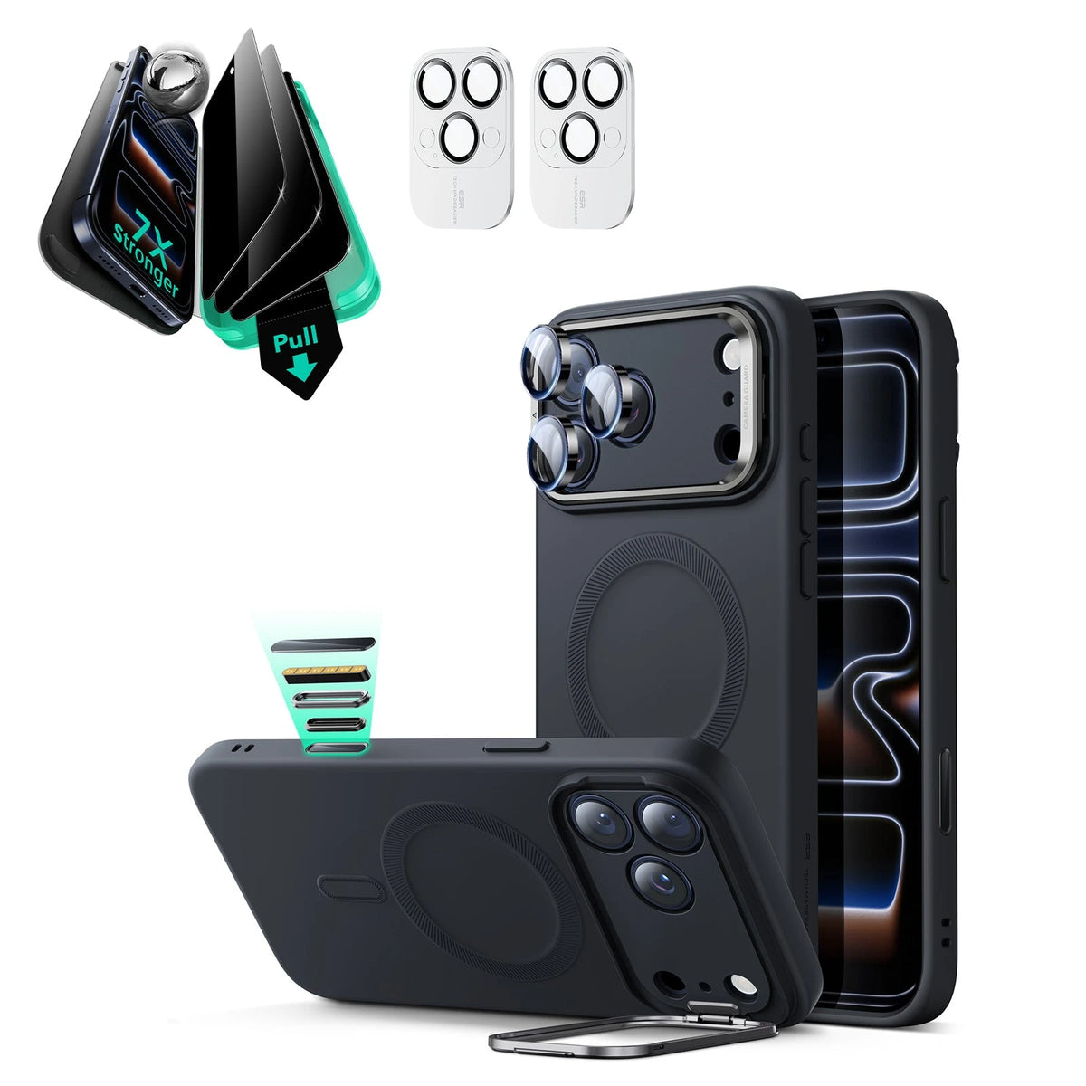 iPhone 17 Pro Cloud Soft Magsafe Case With Stand and Privacy Screen Protector Bundle Black