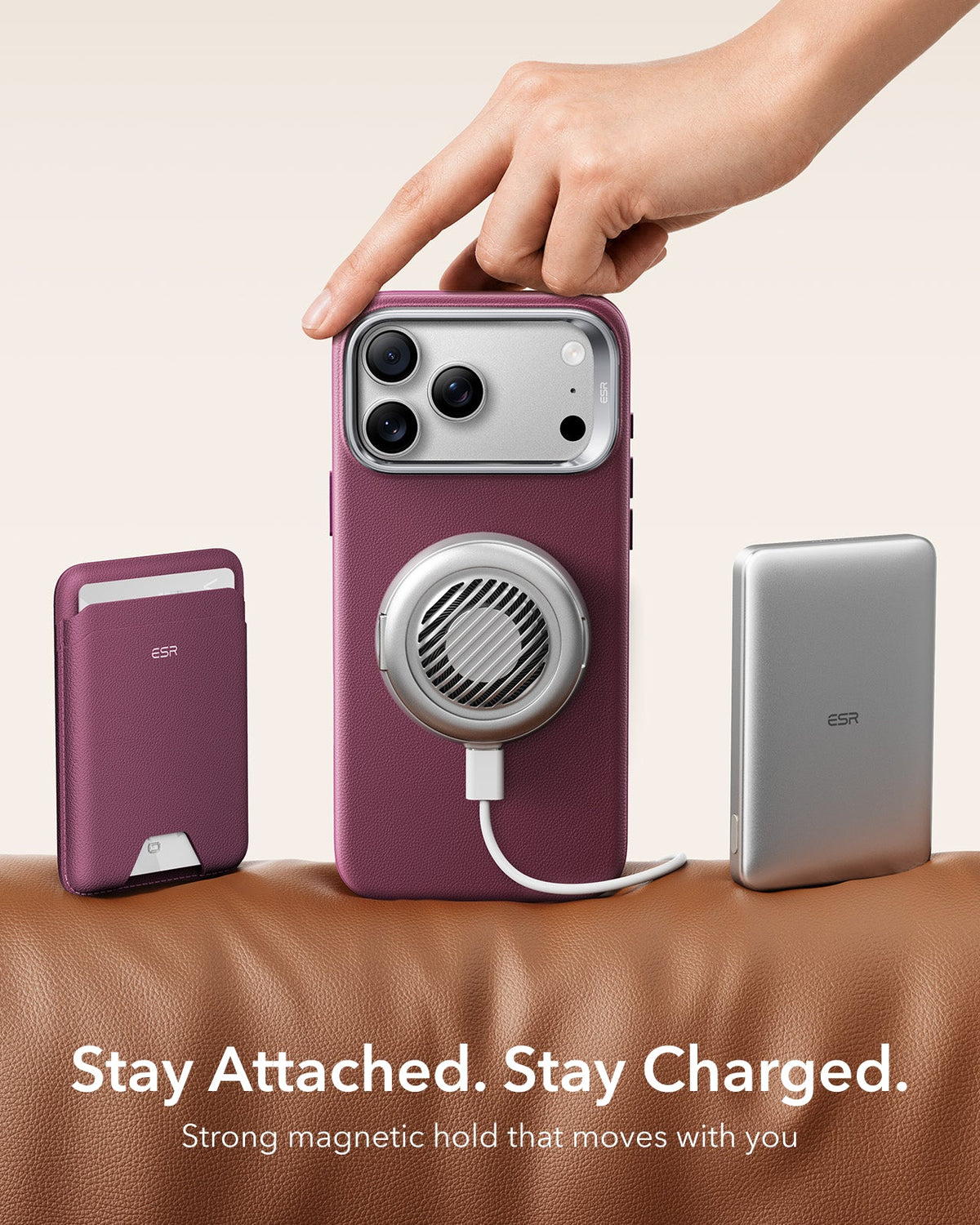 ESR Deep Burgundy Leather iPhone 17 Pro Max Magsafe Case with Stand Stay Attached. Stay Charged