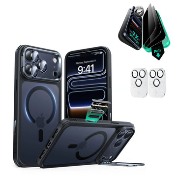 iPhone 17 Pro Max Classic Hybrid Magsafe Case with Stand and Privacy Screen Protector Bundle Frosted Black