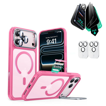 iPhone 17 Pro Max Classic Hybrid Magsafe Case with Stand and Privacy Screen Protector Bundle Frosted Pink