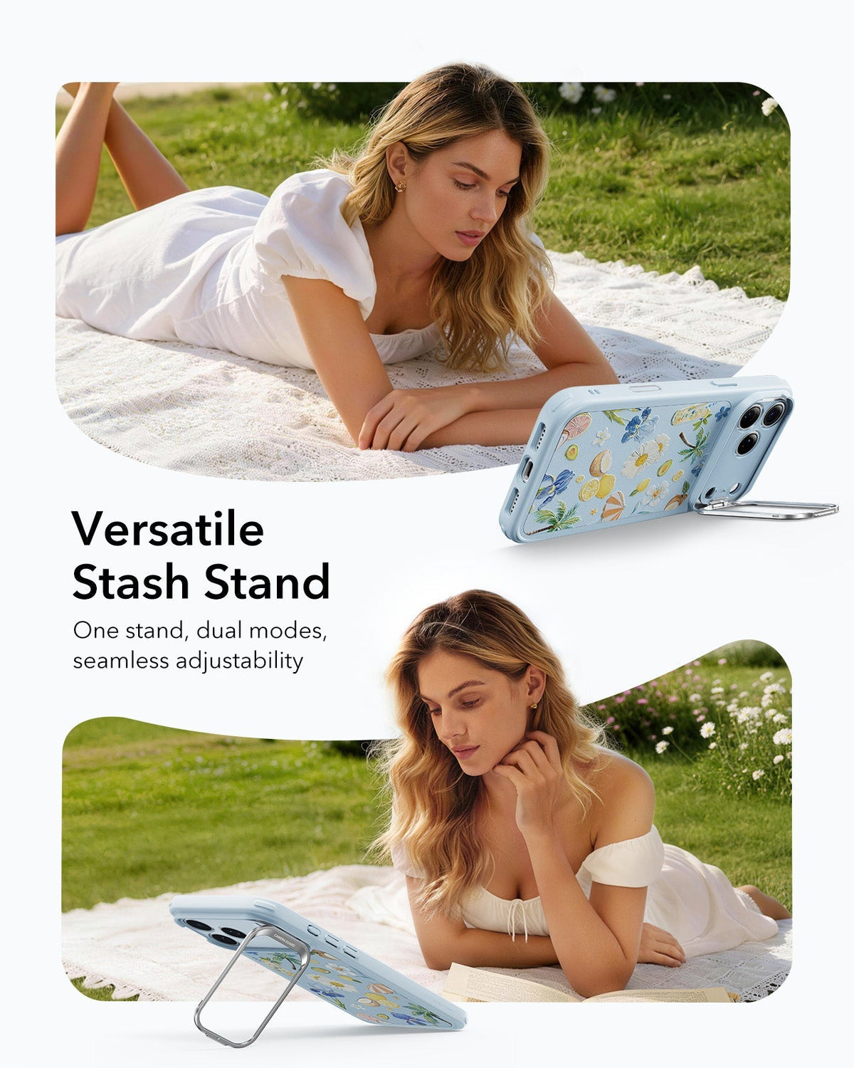 ESR Blue Floral iPhone 17 Pro Max Magsafe Case with Stand Versatile Stash Stand