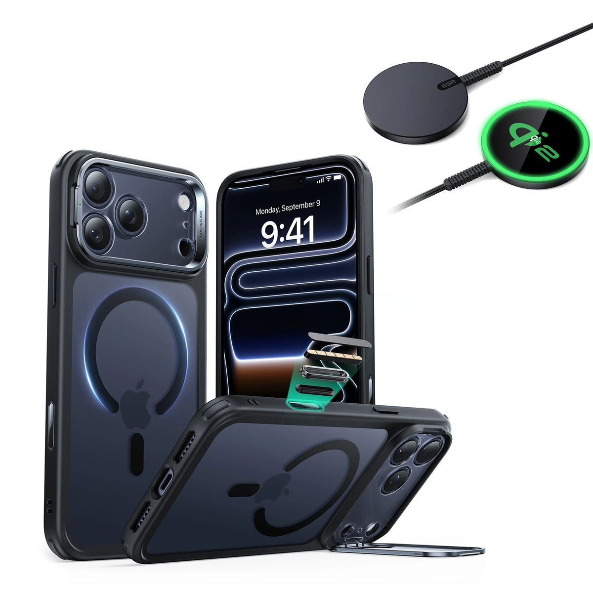 iPhone 17 Pro Max Classic Hybrid Magsafe Case With Stand  and Qi2 Wireless Charger Frosted Black