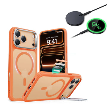 iPhone 17 Pro Max Classic Hybrid Magsafe Case With Stand  and Qi2 Wireless Charger Frosted Orange