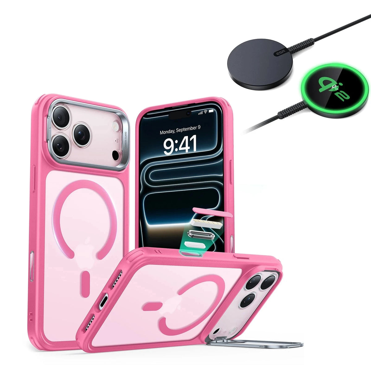 iPhone 17 Pro Max Classic Hybrid Magsafe Case With Stand  and Qi2 Wireless Charger Frosted Pink