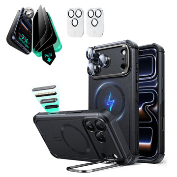 iPhone 17 Pro Max Cyber Tough Magsafe Case with Stand and Armorite Privacy Screen Protector Black