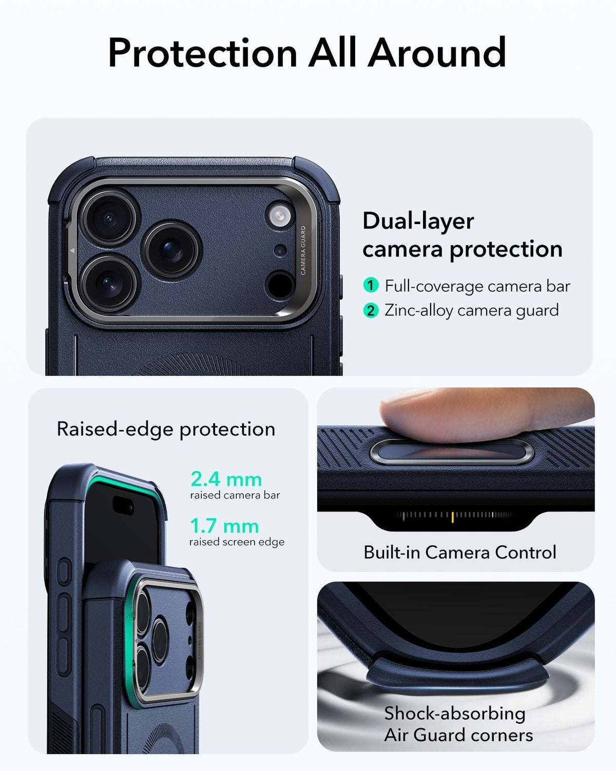 ESR iPhone 17 Pro Max Cyber Tough Magsafe Case with Stand and Camera Control Blue Raised Edge Protection