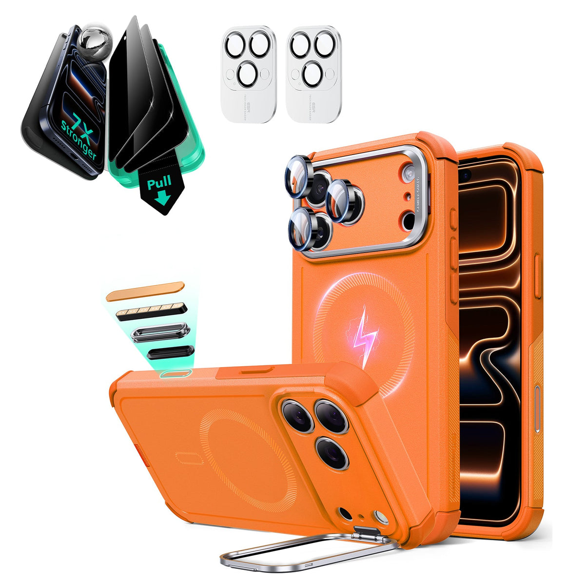 iPhone 17 Pro Max Cyber Tough Magsafe Case with Stand and Armorite Privacy Screen Protector Orange