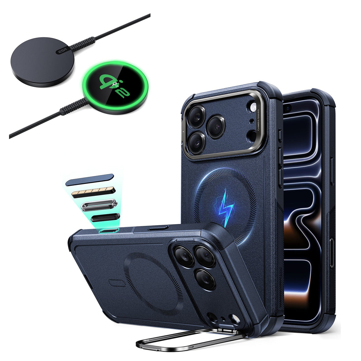 iPhone 17 Pro Max Cyber Tough Magsfae Case with Stand and Qi2 wireless Charger Blue