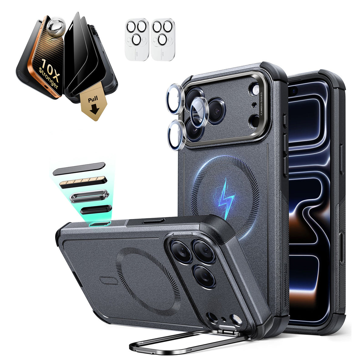 iPhone 17 Pro Max Cyber Tough Magsafe Case with Corning Glass Screen Protector Gray