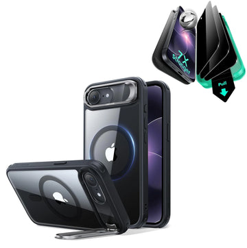  iPhone 17e Classic Hybrid Magsafe Case with Stand and Armorite Privacy Screen Protector Clear Black