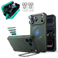 Green iPhone 18 Pro Cyebr Tough Magsafe Phone Case with Stand pair tempered glass privacy screen protector and camera lens protector