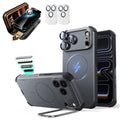 Gray iPhone 18 Pro Cyebr Tough Magsafe Phone Case with Stand pair corning glass privacy screen protector and camera lens protector