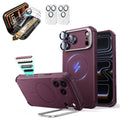 Burgundy iPhone 18 Pro Cyebr Tough Magsafe Phone Case with Stand pair corning glass  screen protector and camera lens protector