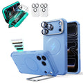 Misty Blue iPhone 18 Pro Cyebr Tough Magsafe Phone Case with Stand pair tempered glass screen protector and camera lens protector