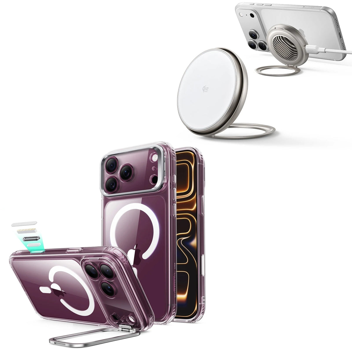 iPhone 18 Pro Classic Hybrid Magnetic Case with Camera Control and Flex Stand, Plus Cyclone 25W Magnetic Charging Pad Bundle - Clear