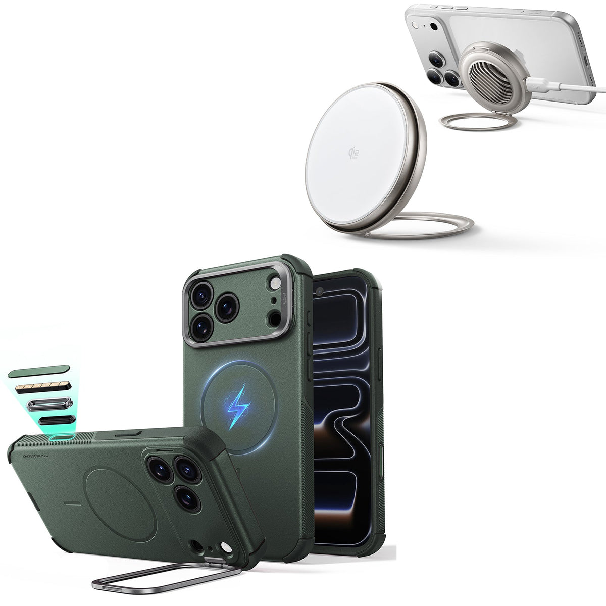 iPhone 18 Pro Cyber Tough Magnetic Case with Camera Control and Flex Stand, Plus Cyclone 25W Magnetic Charging Pad Bundle - Olive Green