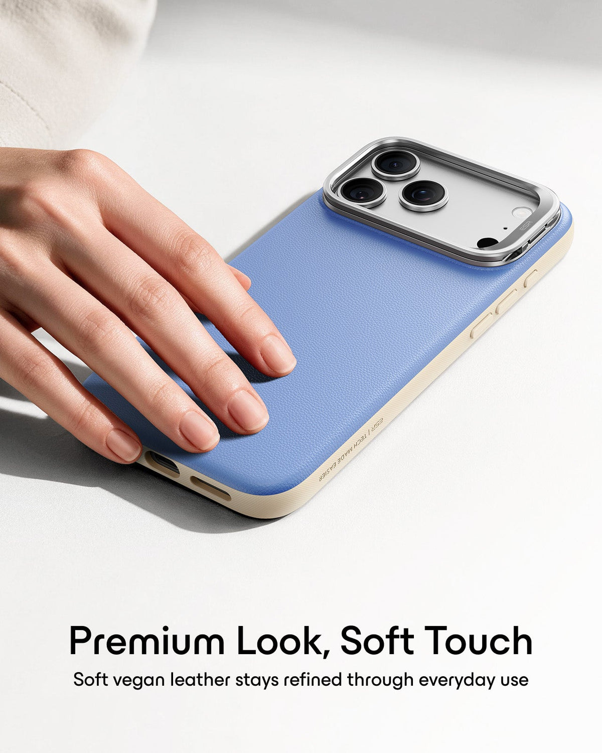 Misty Blue Vegan Leather iPhone 18 Pro Max Magsafe Case with Stand Premium Look, Soft Touch